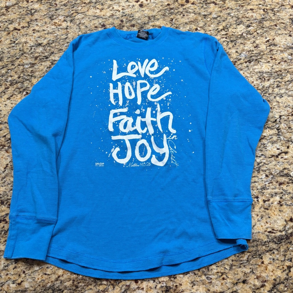 Kerusso Love Hope Faith Joy In Christ Blue Waffle Knit Thermal Shirt XL Womens